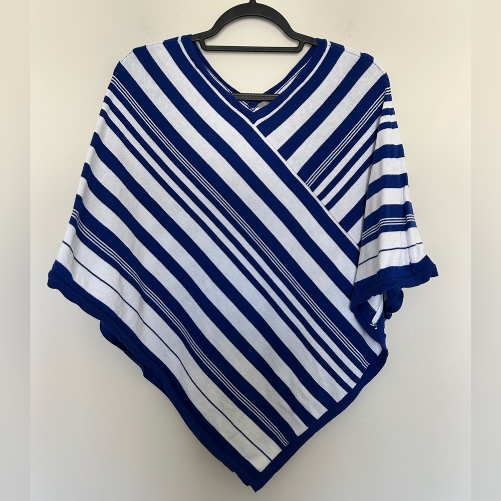 Chico's Poncho Top Blue White S/M Striped Cotton Knit Asymmetric V-Neck